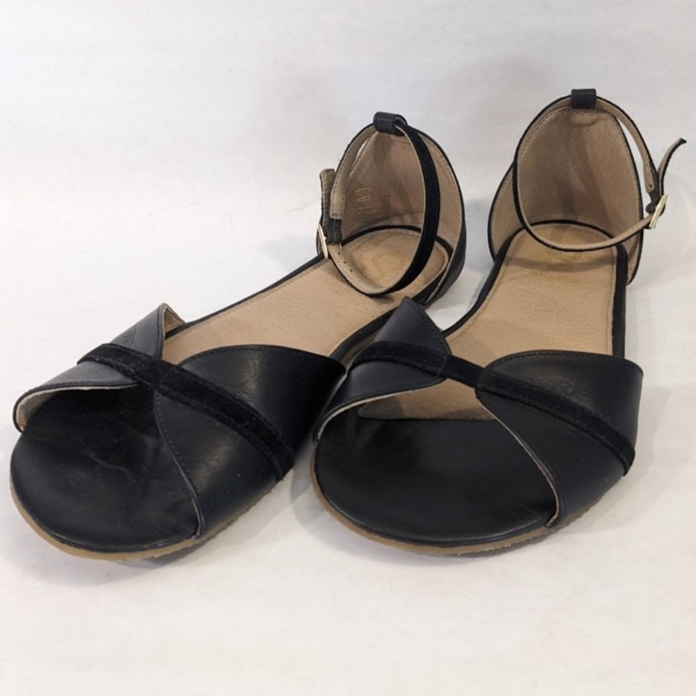 Shapen Poppy Black Leather Barefoot Sandals Women 42 Minimalist Ankle Strap Flat